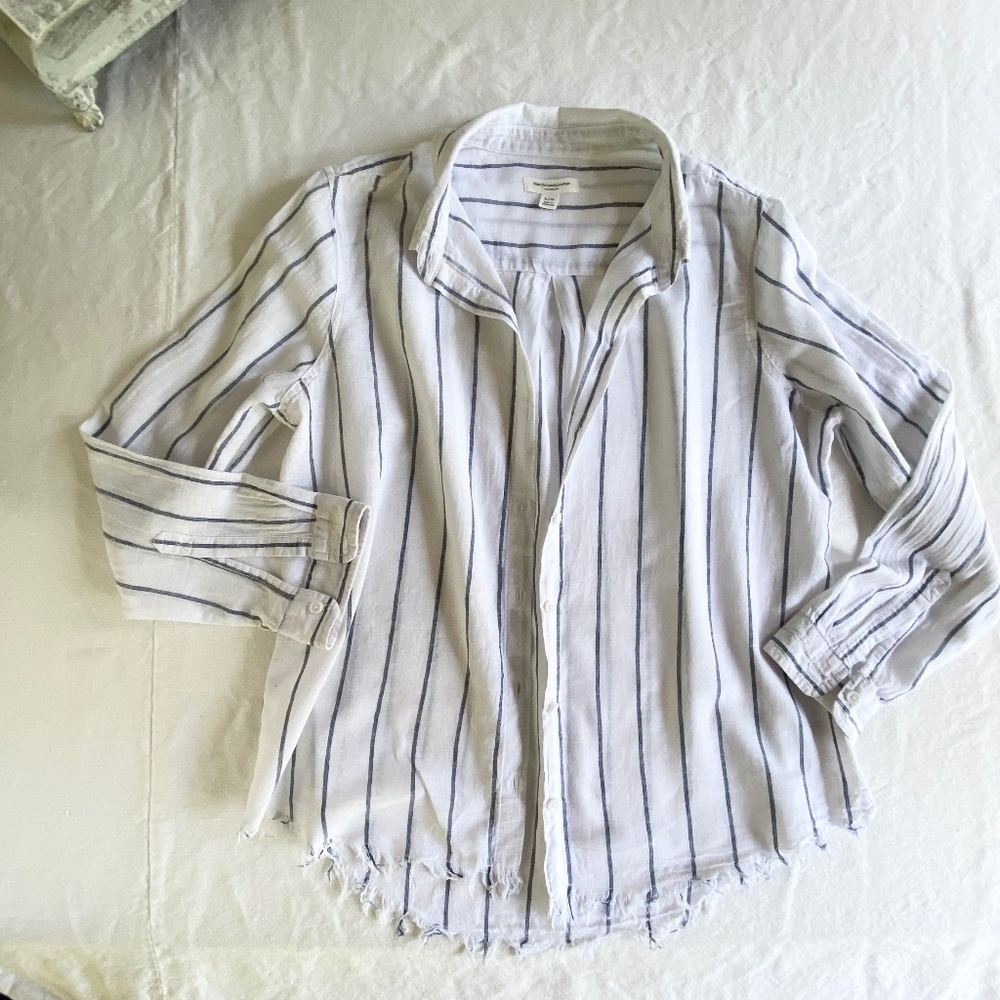 Beach Lunch Lounge Women's L Striped Breezy Button Down Collared Linen Cotton